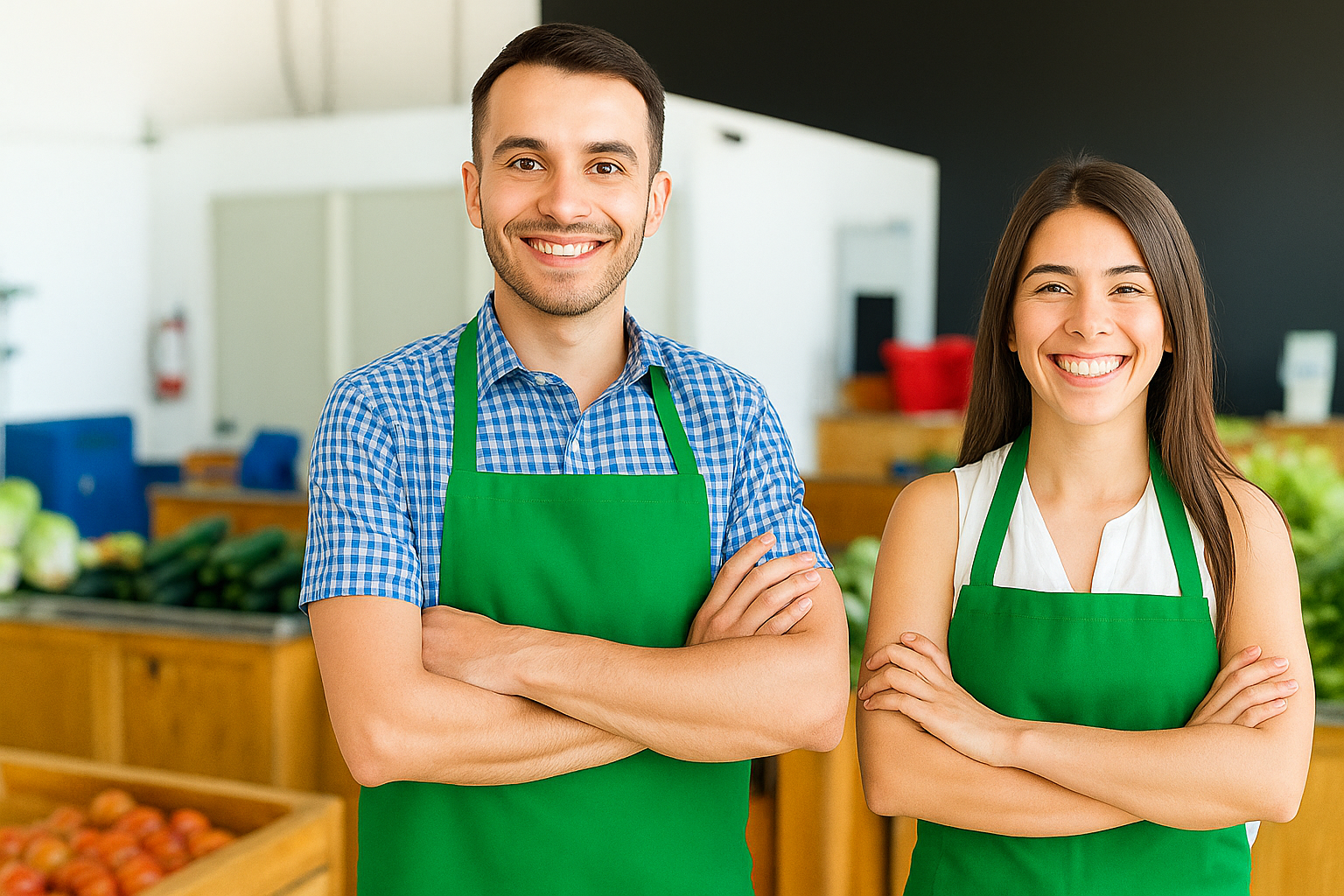 Dueños de minimarket en su negocio, con delantales verdes y mercadería detrás